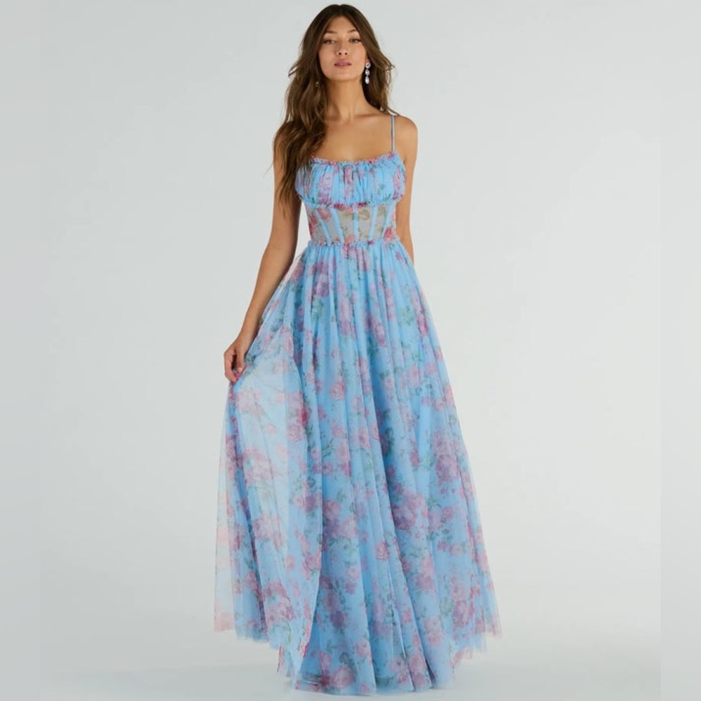 Windsor Floral Blue Tulle Maxi Dress